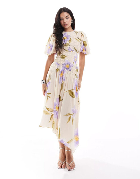 & Other Stories linen blend asymmetric hem midi dress with ruche bodice and volume sleeves in floral print