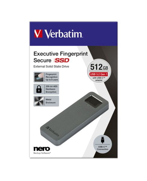 Verbatim Executive Fingerprint Secure - 512 GB - USB Type-C - 3.2 Gen 1 (3.1 Gen 1) - 324 MB/s - 5 Gbit/s - Grey