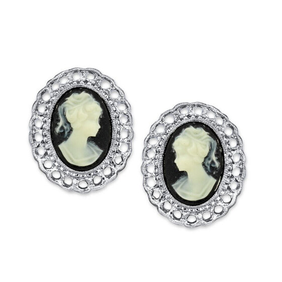 Silver-Tone Black Cameo Oval Filigree Clip Button Earrings