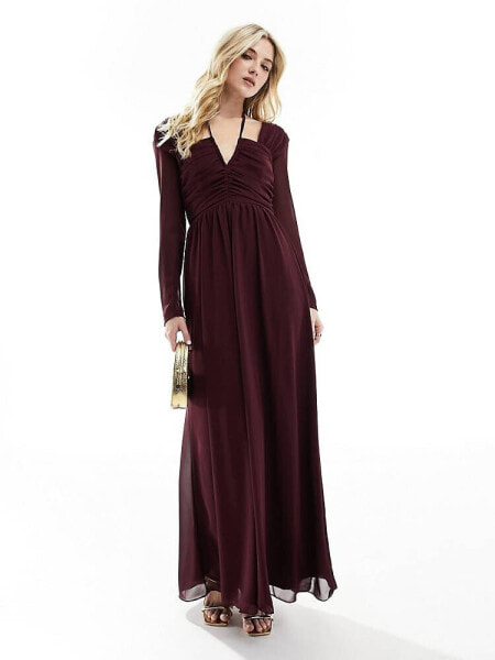 TFNC halter neck long sleeve maxi dress with cutout details in plum 