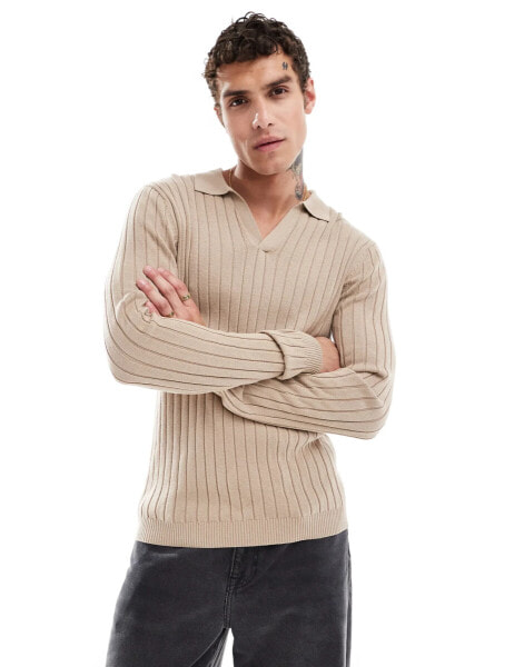 ASOS DESIGN essential muscle fit knitted rib notch neck jumper in taupe