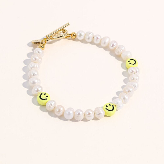 18K Gold Plated Freshwater Pearls with Smiley Face - HaHa Bracelet 9" For Women and Girls