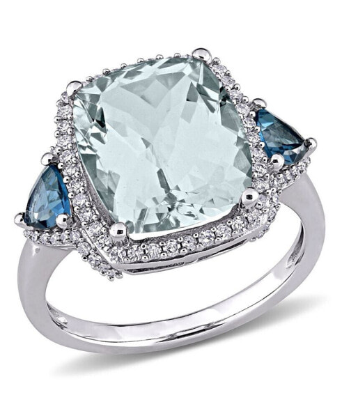 Кольцо Macy's Aquamarine Blue Topaz Diamond 3-Stone Halo 14k White Gold