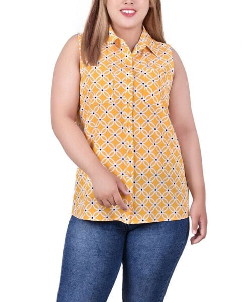 Plus Size Sleeveless Notch Collar Button Front Blouse