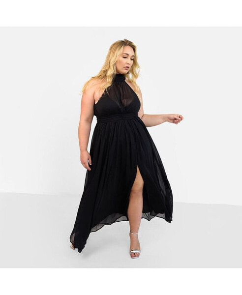 Plus Size Elise Chiffon Halter Maxi A Line Dress W. Slit