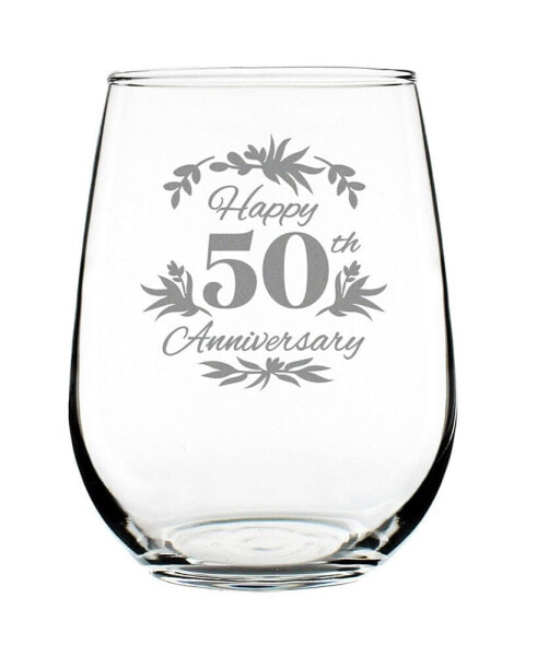 Happy 50th Anniversary Floral 50th Anniversary Gifts Stem Less Wine Glass, 17 oz