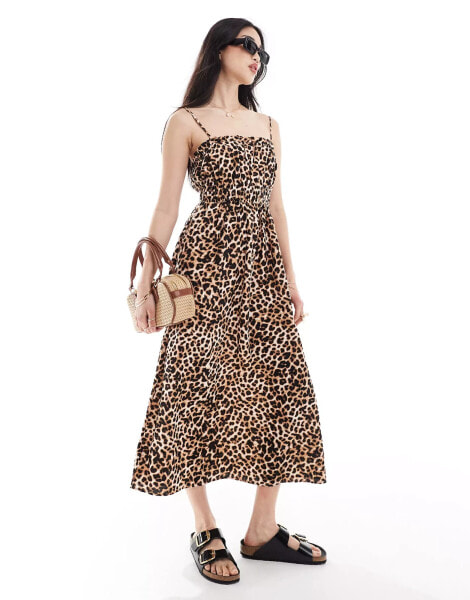 Stradivarius strappy midi dress in leopard