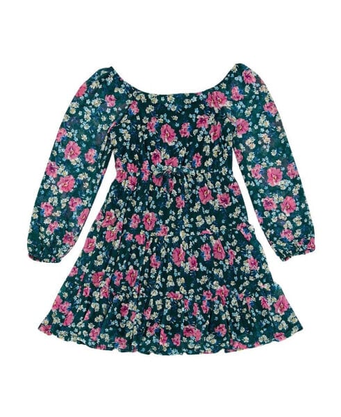 Big Girls Long Sleeve Floral Printed Mesh with Tiered Skirt Dress