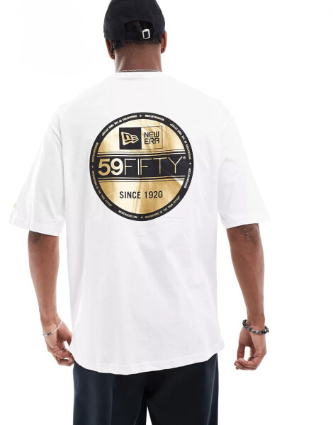 New Era sticker graphic back t-shirt with gold foil in white