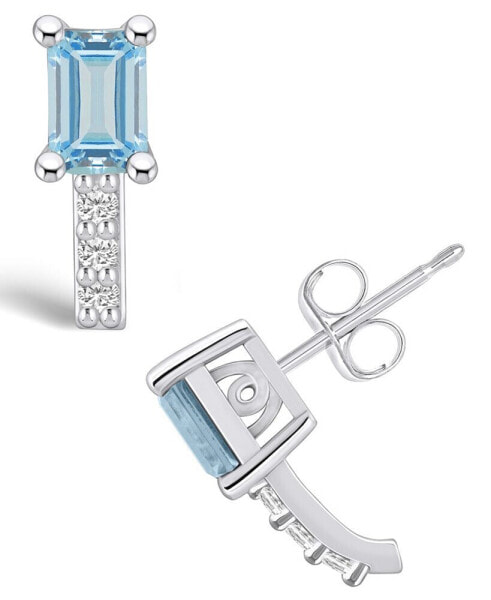 Aquamarine (1 ct. t.w.) and Diamond (1/8 ct. t.w.) Stud Earrings in 14K White Gold