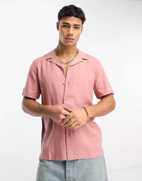 New Look short sleeve linen blend revere shirt in pink