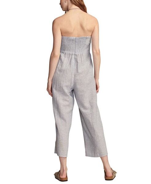 Women's Striped Strapless Cotton-Linen Cropped Jumpsuit