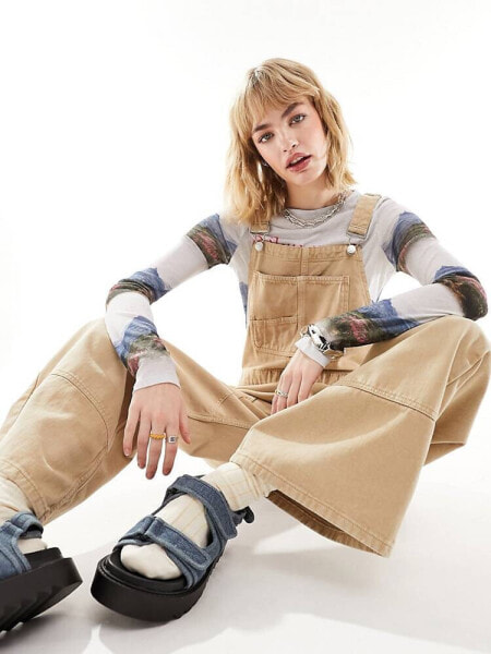 ASOS DESIGN denim oversized workwear dungarees in tan