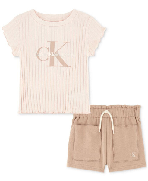 Baby Girls Ribbed Logo T-Shirt & Crepe French Terry Shorts, 2 Piece Set