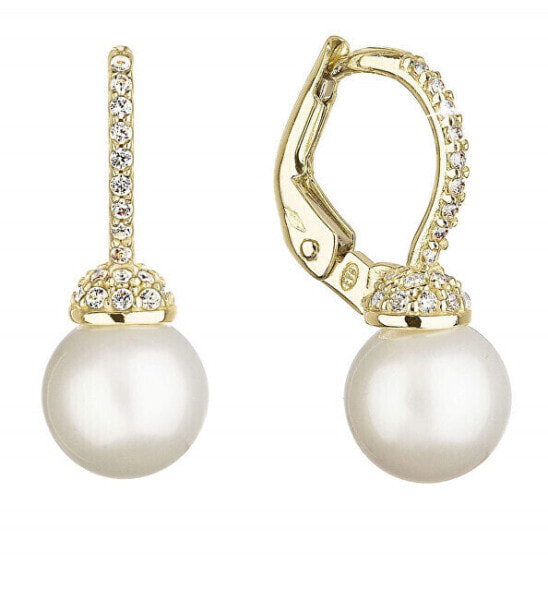 Sparkling Yellow Gold Real Pearl Dangle Earrings 91P00022