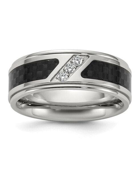 Stainless Steel Black Carbon Fiber Inlay and CZ Band Ring