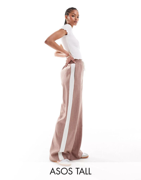 ASOS DESIGN Tall pull on trouser with contrast panel in mink stripe