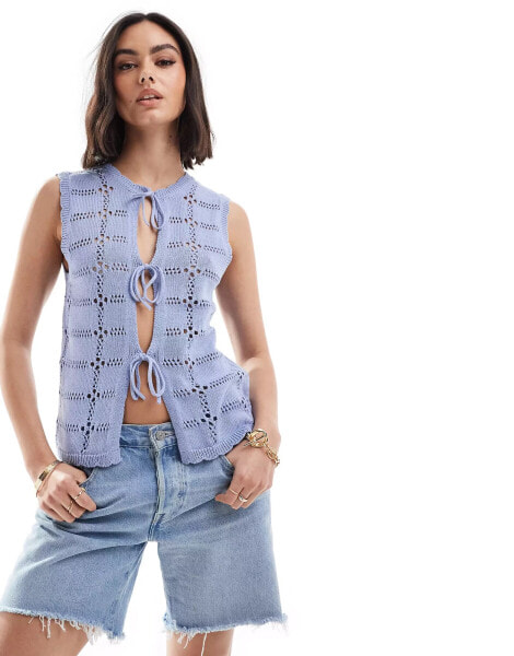 Object tie front knitted top in pastel blue