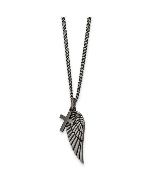 Antiqued Wing and Cross Pendant 19.5 in Curb Chain Necklace