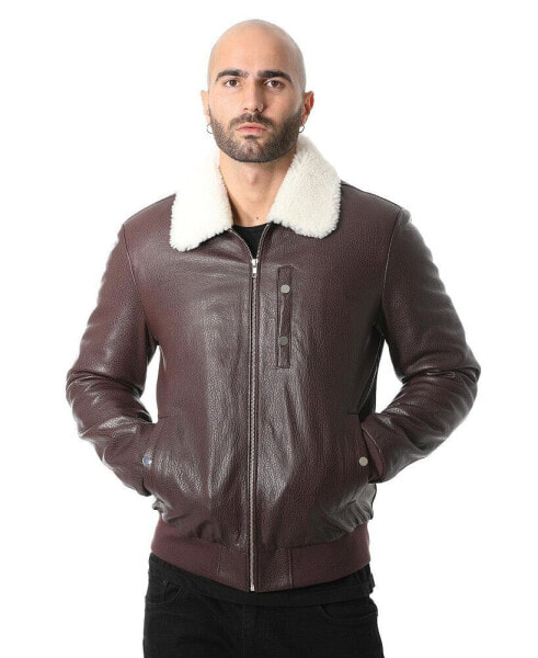 Men's Genuine Leather Bomber Jacket with Shearling Lining, Burgundy Nappa and White Curly Wool