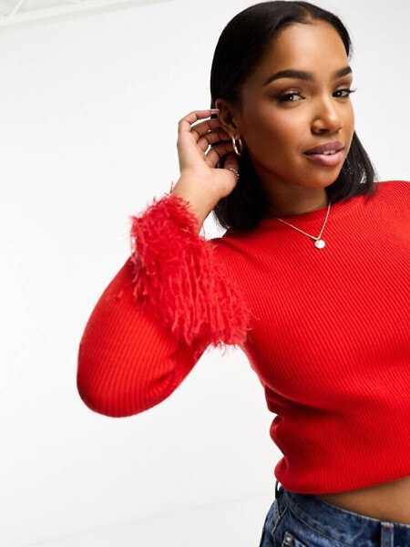 Wednesday's Girl fitted rib jumper with fluffy cuffs in red