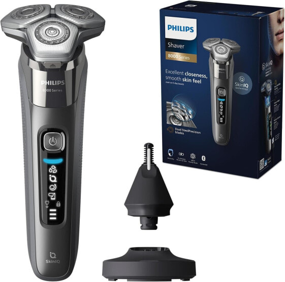 Philips Shaver Series 8000 – Elektrischer Nass- und Trockenrasierer mit SkinIQ Technologie in Schwarz, ausklappbarer Trimmer, Ladestation, Reiseetui, Reinigungsbürste (Modell S8696/35)