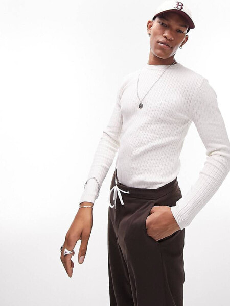 Topman knitted rib crewneck jumper in ecru