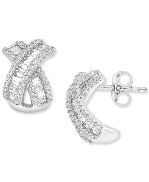 Cubic Zirconia Round & Baguette Crossover Curved Stud Earrings in Sterling Silver