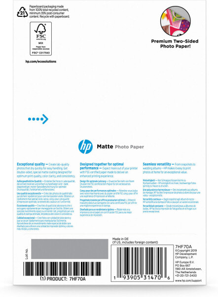HP Matte Photo Paper, 180 g/m2, 10 x 15 cm (101 x 152 mm), 25 sheets, Matt, 180 g/m², 10x15 cm, White, 25 sheets, Home