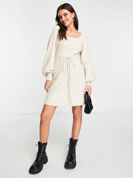 Miss Selfridge heart detail puff sleeve knit dress in oatmeal 