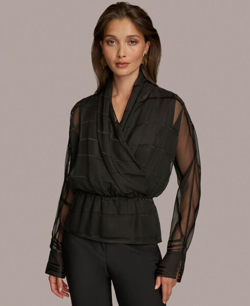 Donna Karan Women's Burnout Faux-Wrap Long-Sleeve Top