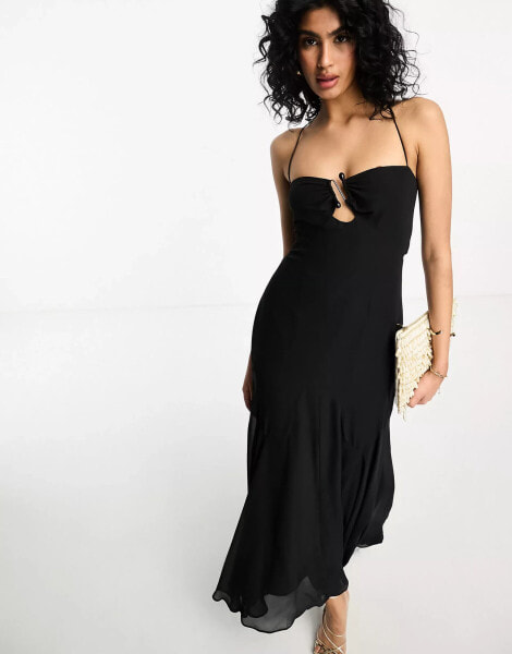 ASOS DESIGN halter midi dress with stone buckle detail in black