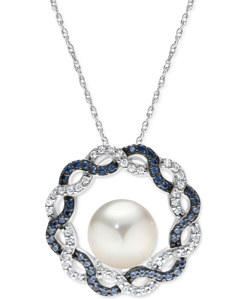 Cultured Freshwater Pearl (9mm), Sapphire (3/8 ct. t.w.) & Zircon (3/8 ct. t.w.) Braided Circle 18" Pendant Necklace in Sterling Silver