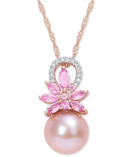 Pink Cultured Freshwater Pearl (9-1/2mm), Pink Sapphire (7/8 ct. t.w.) & Diamond (1/20 ct. t.w.) 17" Pendant Necklace in 14k Rose Gold (Also in White Cultured Freshwater Pearl & Aquamarine)