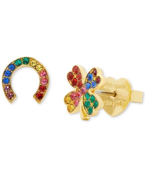 Gold-Tone Multicolor Pavé Horseshoe & Clover Mismatch Stud Earrings