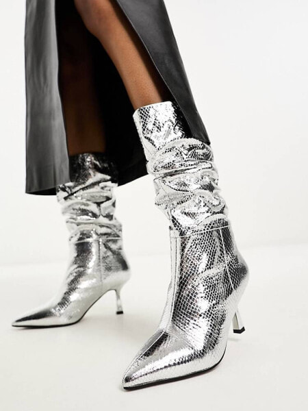 River Island slouch high leg boot in silver metallic