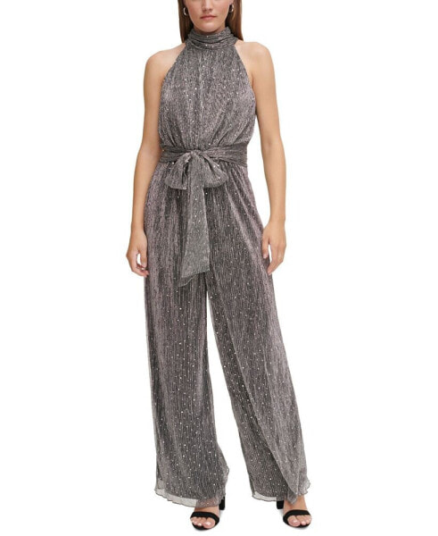 Women's Metallic Tie-Waist Halter Jumpsuit