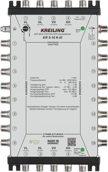 Kreiling KR 5-16 K-III - 5 inputs - 16 outputs - 950 - 2200 MHz - 5 - 862 MHz - -20 - 55 °C - 136 mm
