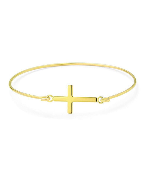 Yellow Gold Plated Sterling Silver Sideways Cross Bangle Bracelet - Delicate Simple Religious Inspirational Christian Faith For Women 's