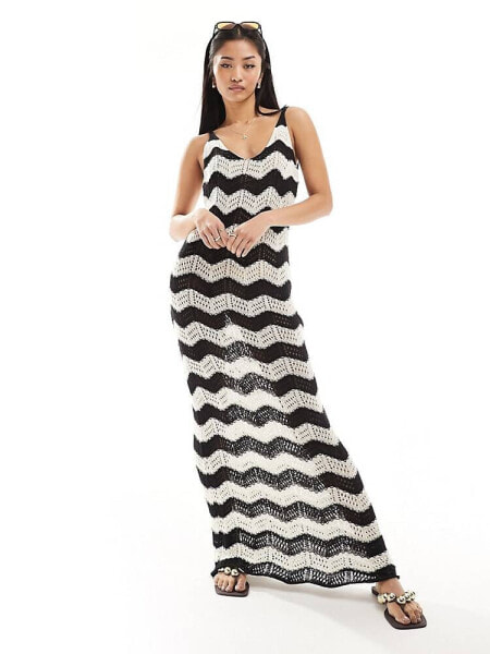 New Look chevron crochet maxi dress in black and white