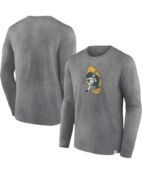 Men's Heather Charcoal Green Distressed Bay Packers Washed Primary Long Sleeve T-shirt