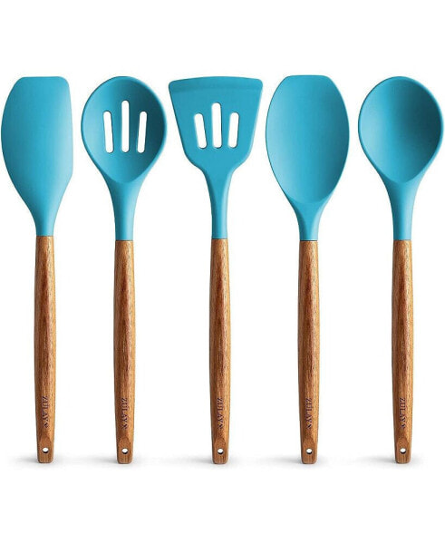 5 Piece Silicone Utensils Set with Authentic Acacia Wood Handles