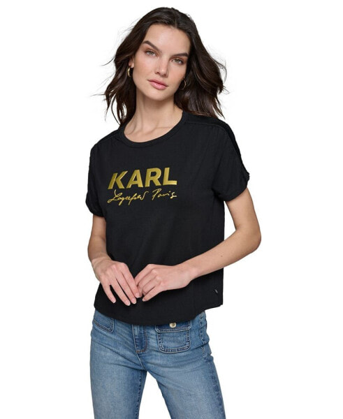 Women's Metallic-Logo Ruched-Sleeve T-Shirt