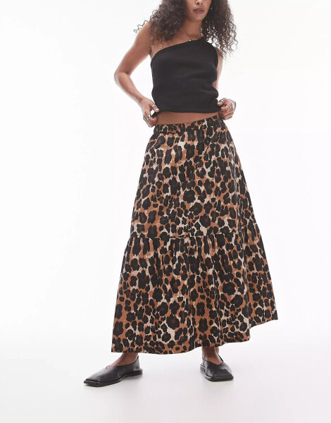 Topshop tiered midi skirt in leopard