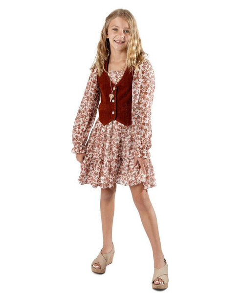 Big Girls Chiffon Dress with Vest and Necklace, 3-Pieces