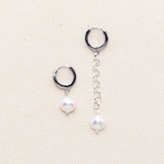18K Platinum Plated Brass with Large Freshwater Pearls Mismatch Style - Suki Earrings For Women