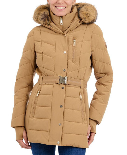 Petite Belted Faux-Fur-Trim Hooded Puffer Coat