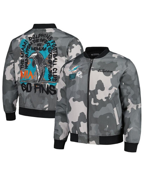 Men's and Women's Gray Distressed Miami Dolphins Camo Bomber Jacket