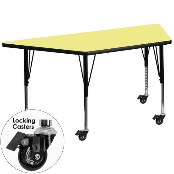 Mobile 29.5''W X 57.25''L Trapezoid Yellow Thermal Laminate Activity Table - Height Adjustable Short Legs