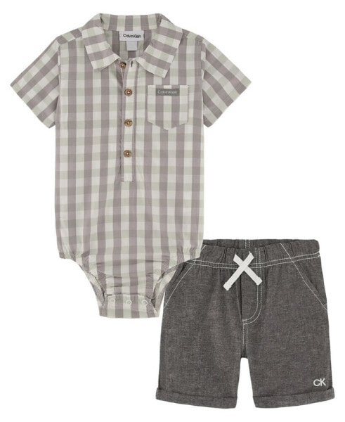 Baby Boys Woven Check Short Sleeve Poplin Bodysuit and Chambray Shorts, 2 Piece Set